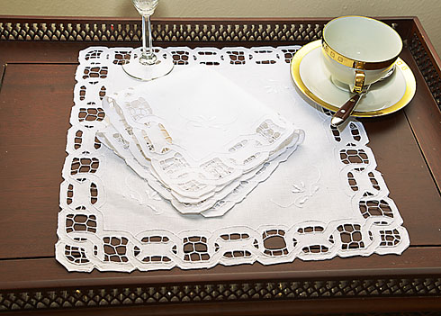 Square Placemat. Dynasty Embroidery Cutworks. 14"square 2 pcs. - Click Image to Close